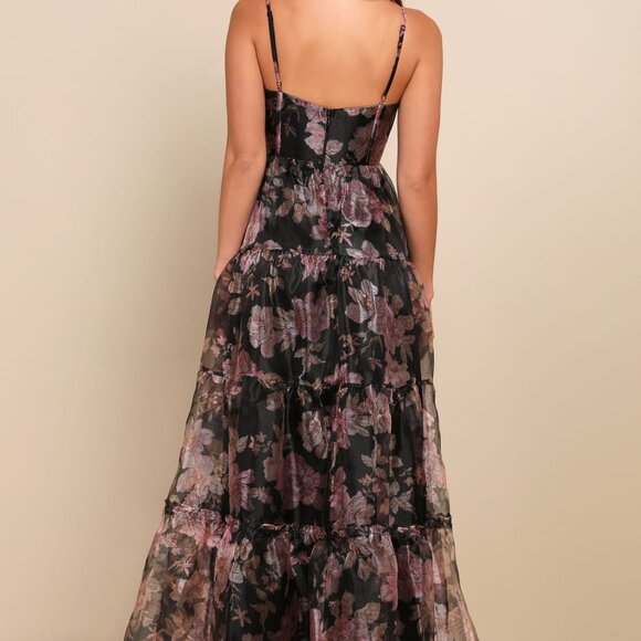 LULUS Exclusive Glamour Black Floral Organza Tiered Maxi Dress MEDIUM **NWOT** - Picture 2 of 5
